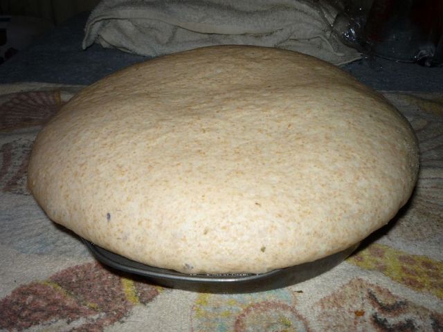 Risen dough in pan.